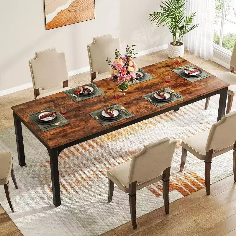 Table à manger rectangulaire en bois style ferme, 6 places, longue table de cuisine moderne pour salle à manger, coin petit-déjeuner