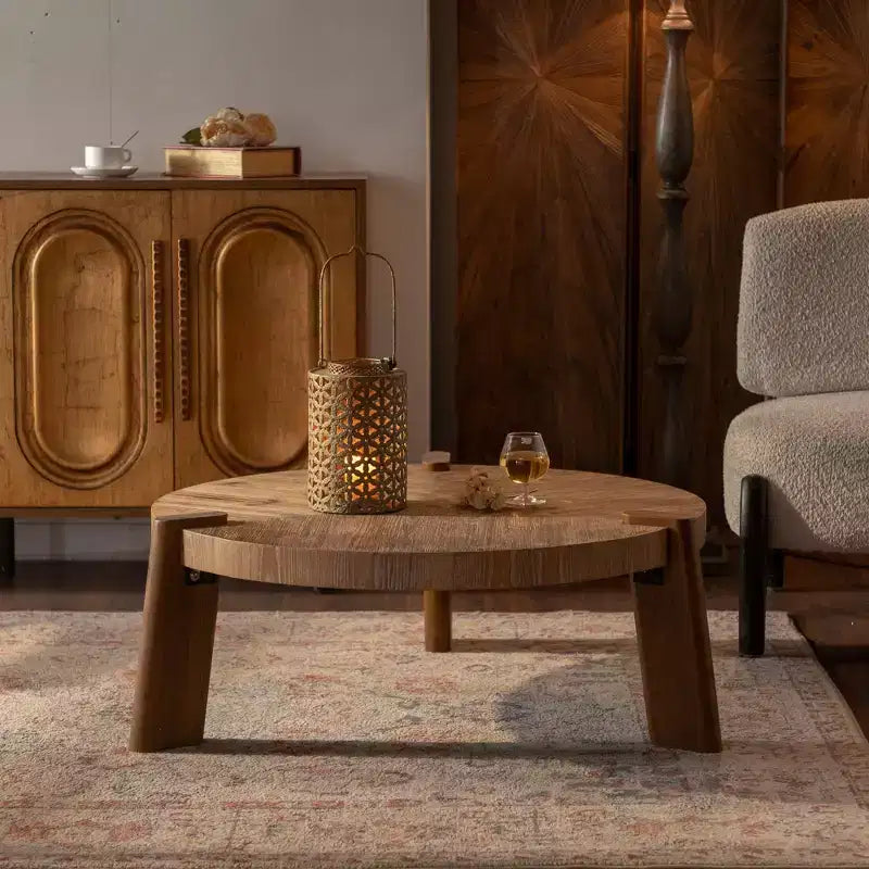 Table basse ronde en bois, style rustique naturel, pour salon et appartement
