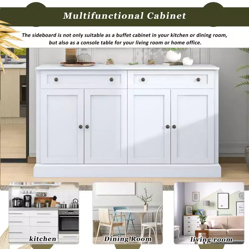 Buffet de 147 cm avec 2 tiroirs et étagères réglables, portes encadrées