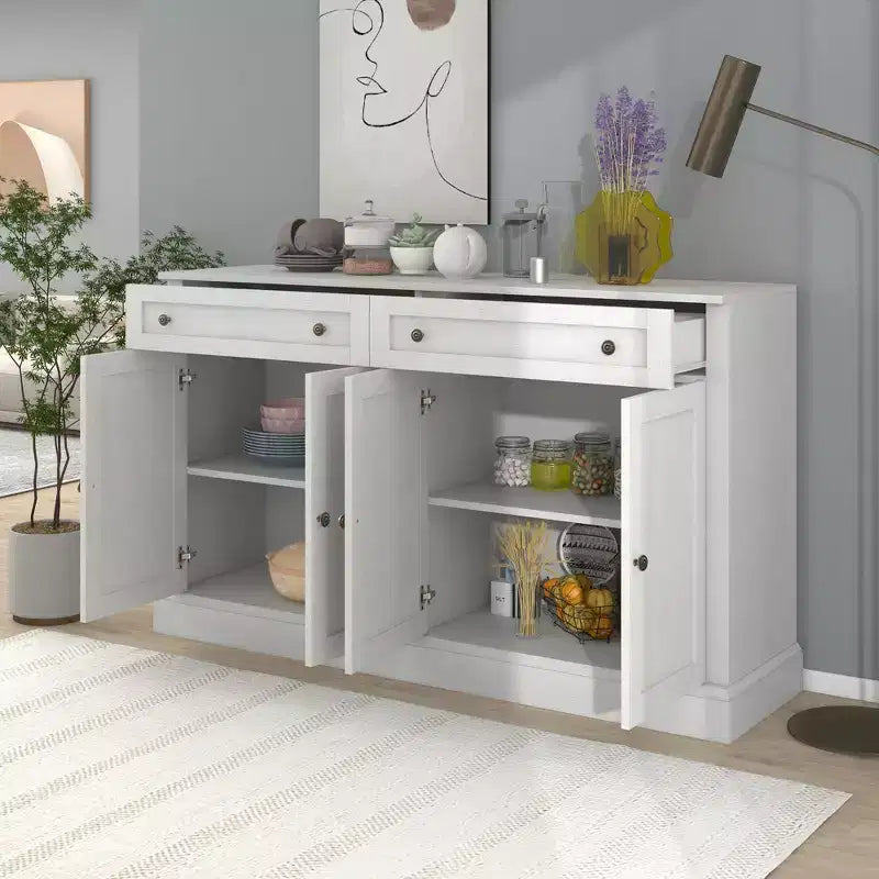 Buffet de 147 cm avec 2 tiroirs et étagères réglables, portes encadrées