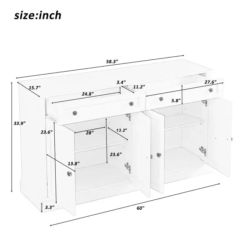 Buffet de 147 cm avec 2 tiroirs et étagères réglables, portes encadrées
