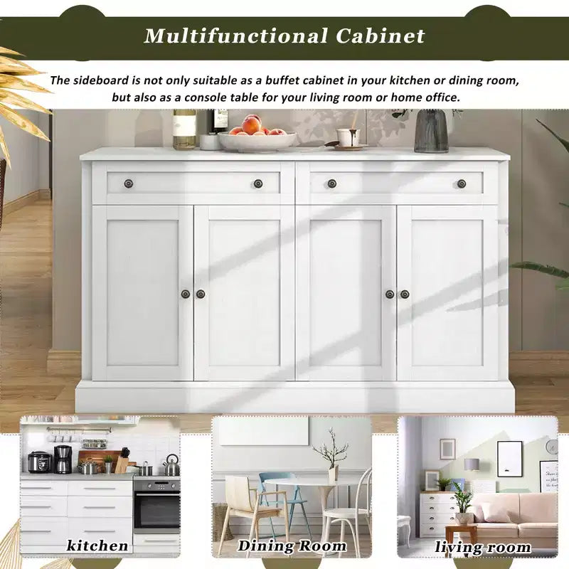 Buffet de 147 cm avec 2 tiroirs et étagères réglables, portes encadrées