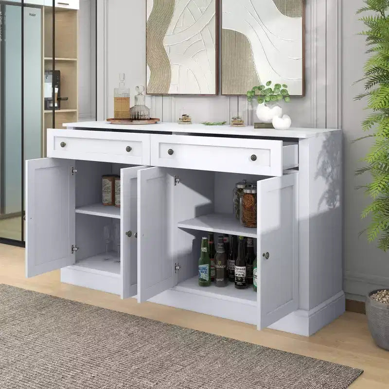 Buffet de 147 cm avec 2 tiroirs et étagères réglables, portes encadrées