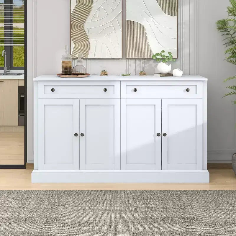 Buffet de 147 cm avec 2 tiroirs et étagères réglables, portes encadrées