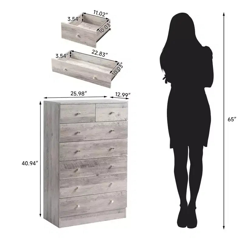Commode grise à 7 tiroirs, 66 cm de large, en panneaux de particules