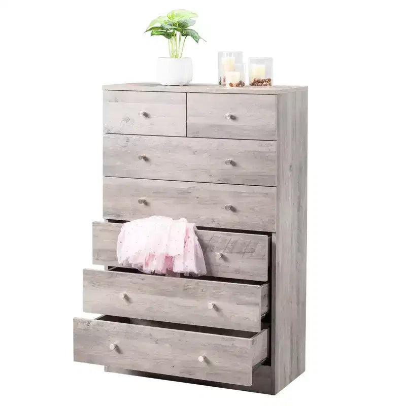 Commode grise à 7 tiroirs, 66 cm de large, en panneaux de particules
