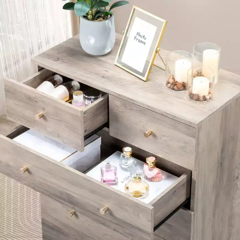 Commode grise à 7 tiroirs, 66 cm de large, en panneaux de particules