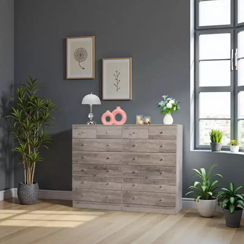 Commode grise à 7 tiroirs, 66 cm de large, en panneaux de particules