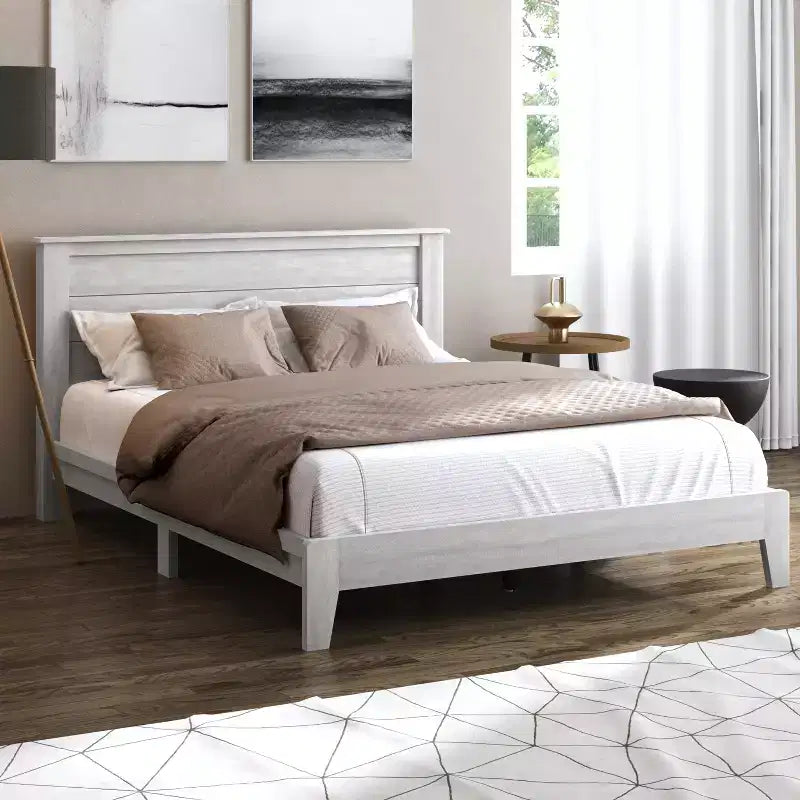 Lit plateforme Queen avec tête de lit, Chêne gris poussiéreux