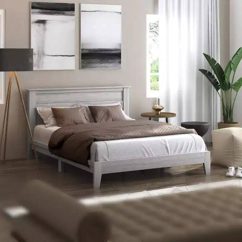 Lit plateforme Queen avec tête de lit, Chêne gris poussiéreux