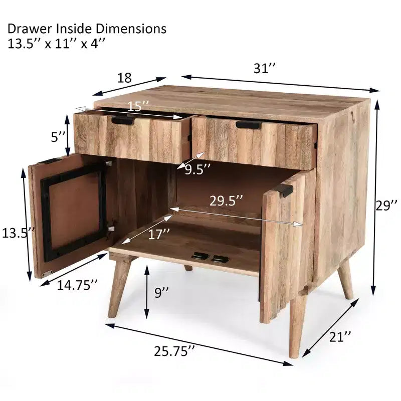 Meuble d'appoint en bois de manguier avec 2 tiroirs, bahut de rangement avec grain naturel