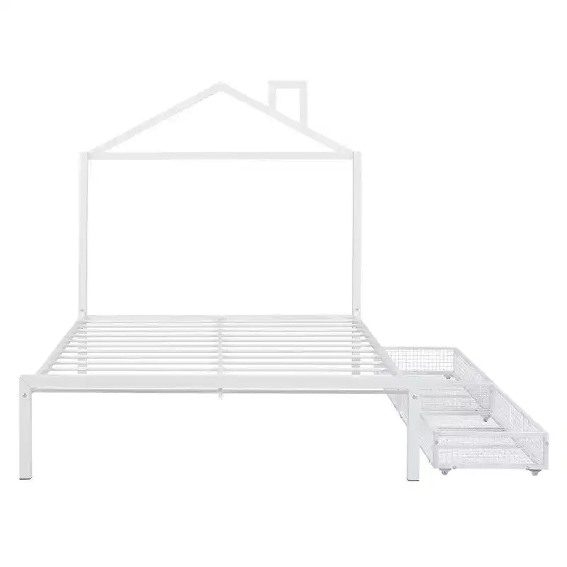 Lit cabane pour enfant taille normale avec tiroir, structure métallique, tête de lit en forme de maison, blanc