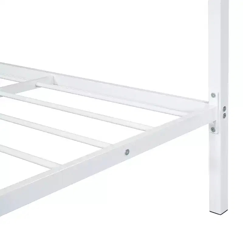 Lit cabane pour enfant taille normale avec tiroir, structure métallique, tête de lit en forme de maison, blanc