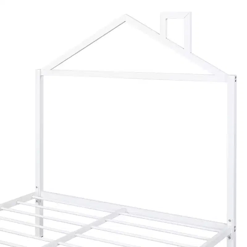 Lit cabane pour enfant taille normale avec tiroir, structure métallique, tête de lit en forme de maison, blanc