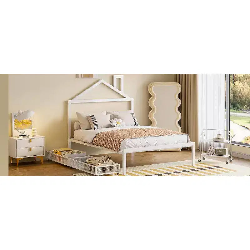 Lit cabane pour enfant taille normale avec tiroir, structure métallique, tête de lit en forme de maison, blanc