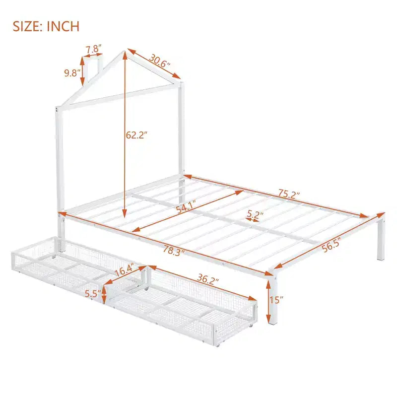 Lit cabane pour enfant taille normale avec tiroir, structure métallique, tête de lit en forme de maison, blanc