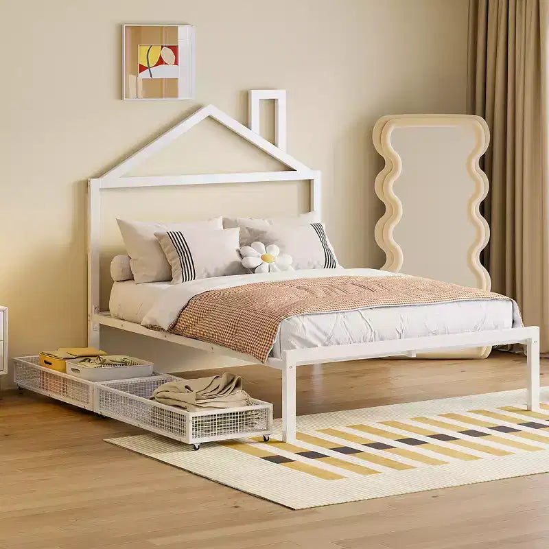 Lit cabane pour enfant taille normale avec tiroir, structure métallique, tête de lit en forme de maison, blanc