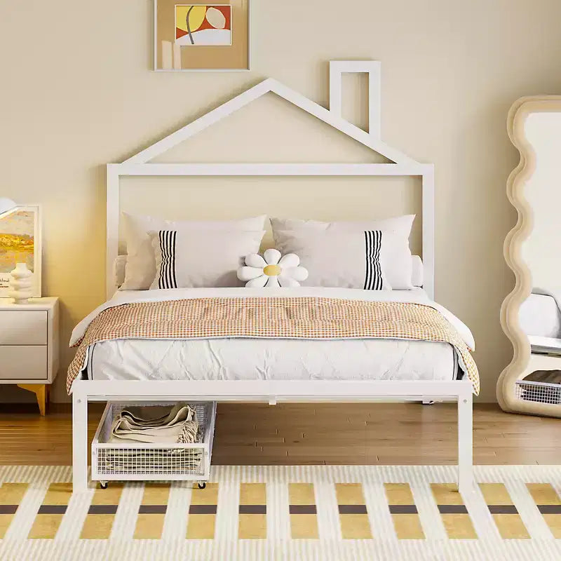 Lit cabane pour enfant taille normale avec tiroir, structure métallique, tête de lit en forme de maison, blanc