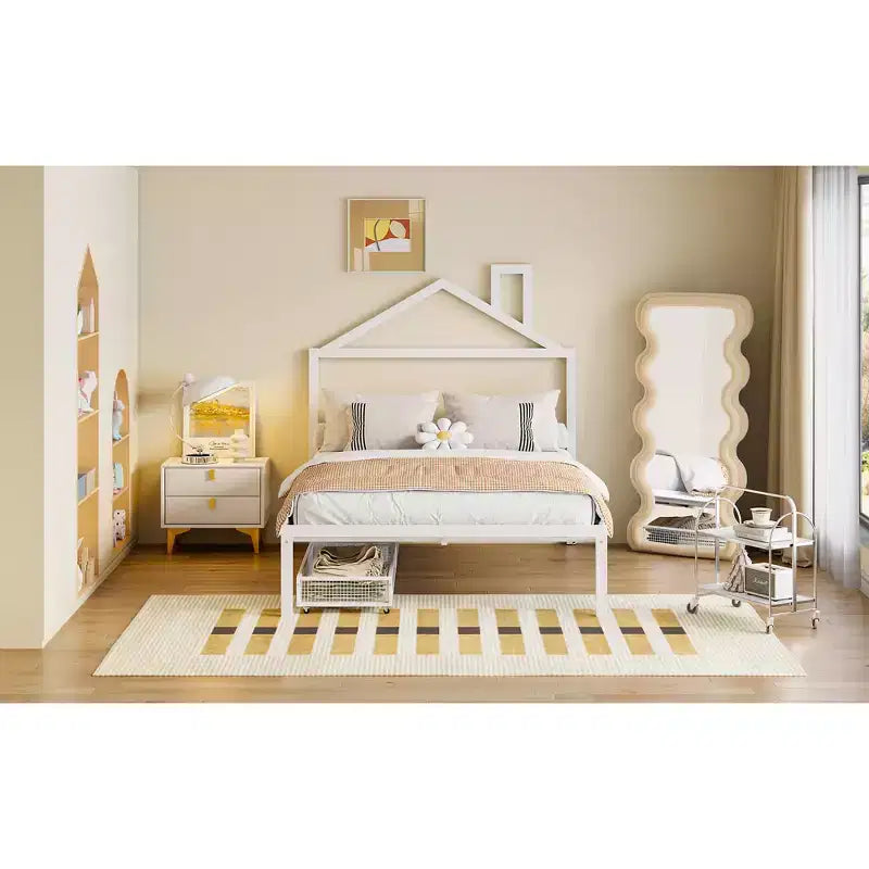 Lit cabane pour enfant taille normale avec tiroir, structure métallique, tête de lit en forme de maison, blanc