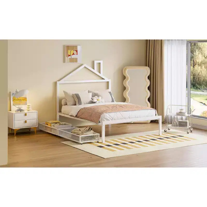 Lit cabane pour enfant taille normale avec tiroir, structure métallique, tête de lit en forme de maison, blanc