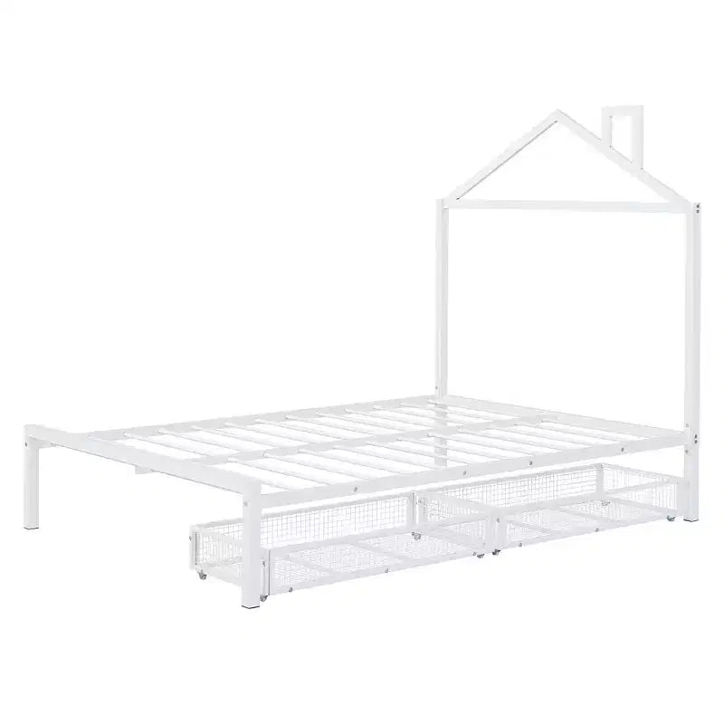 Lit cabane pour enfant taille normale avec tiroir, structure métallique, tête de lit en forme de maison, blanc