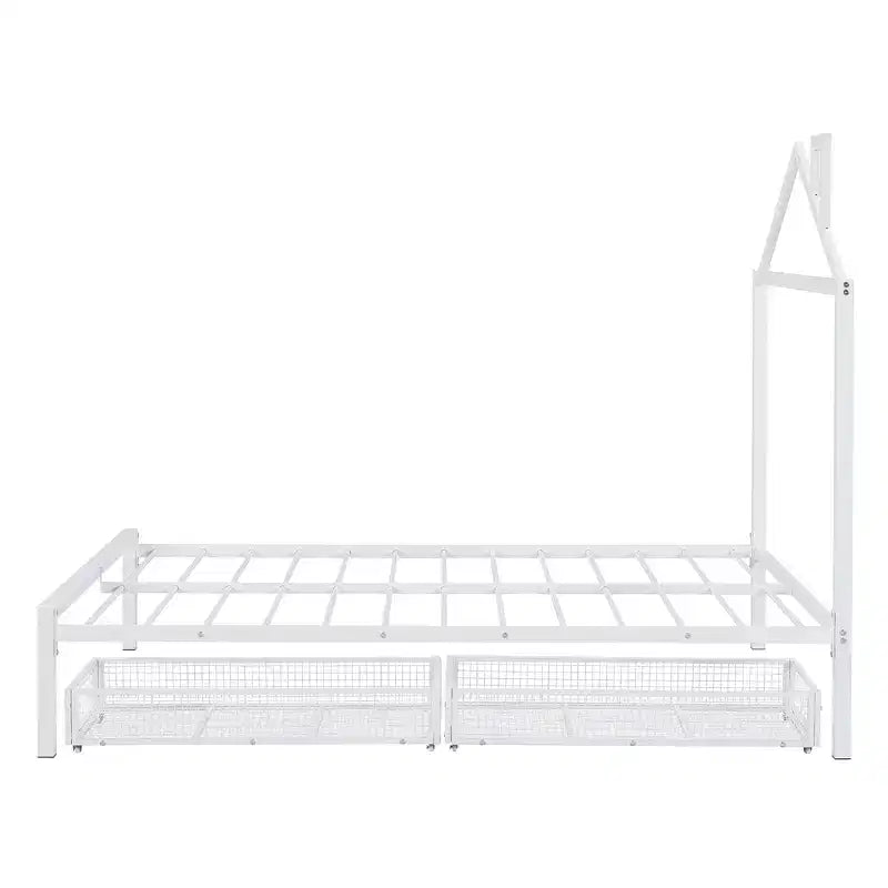 Lit cabane pour enfant taille normale avec tiroir, structure métallique, tête de lit en forme de maison, blanc