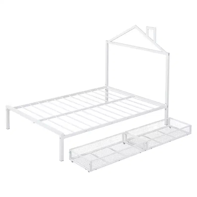 Lit cabane pour enfant taille normale avec tiroir, structure métallique, tête de lit en forme de maison, blanc