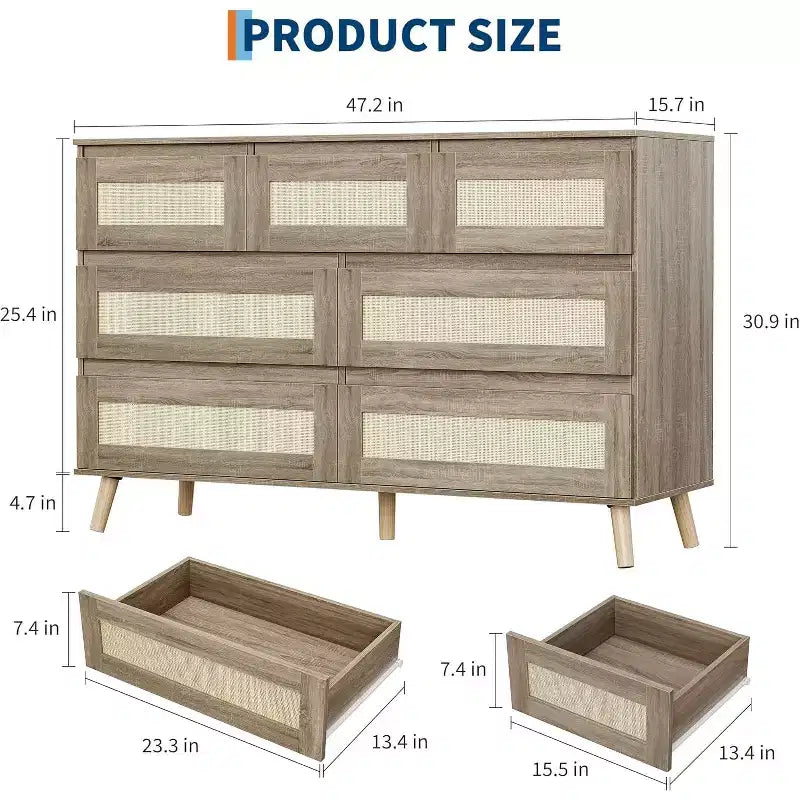 Commode 7 tiroirs en rotin, meuble de rangement moderne en bois avec façades tissées, grande commode pour chambre, salon, chambre d'enfant