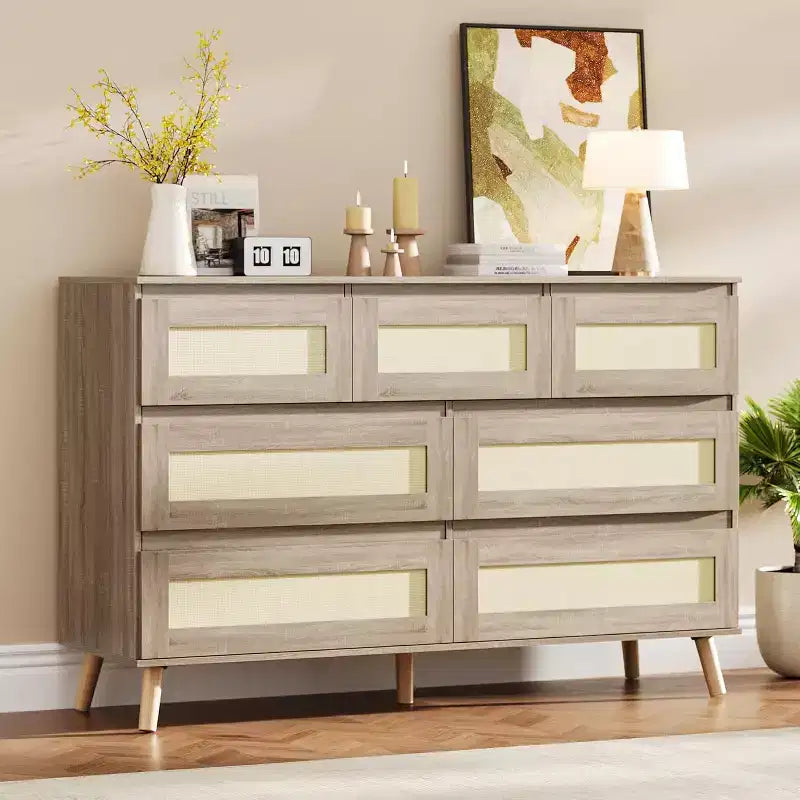 Commode 7 tiroirs en rotin, meuble de rangement moderne en bois avec façades tissées, grande commode pour chambre, salon, chambre d'enfant
