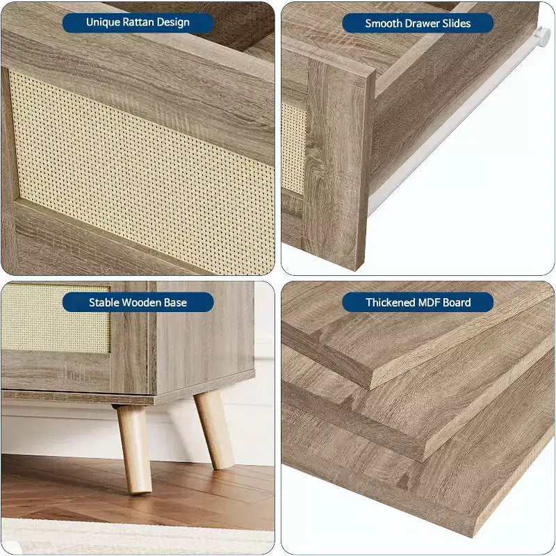 Commode 7 tiroirs en rotin, meuble de rangement moderne en bois avec façades tissées, grande commode pour chambre, salon, chambre d'enfant