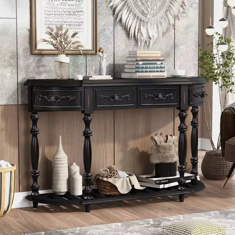 Console incurvée vintage de 52 po avec sculptures exquises, 4 tiroirs et 1 étagère, table d'appoint pour salon, noir
