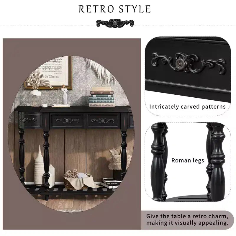 Console incurvée vintage de 52 po avec sculptures exquises, 4 tiroirs et 1 étagère, table d'appoint pour salon, noir