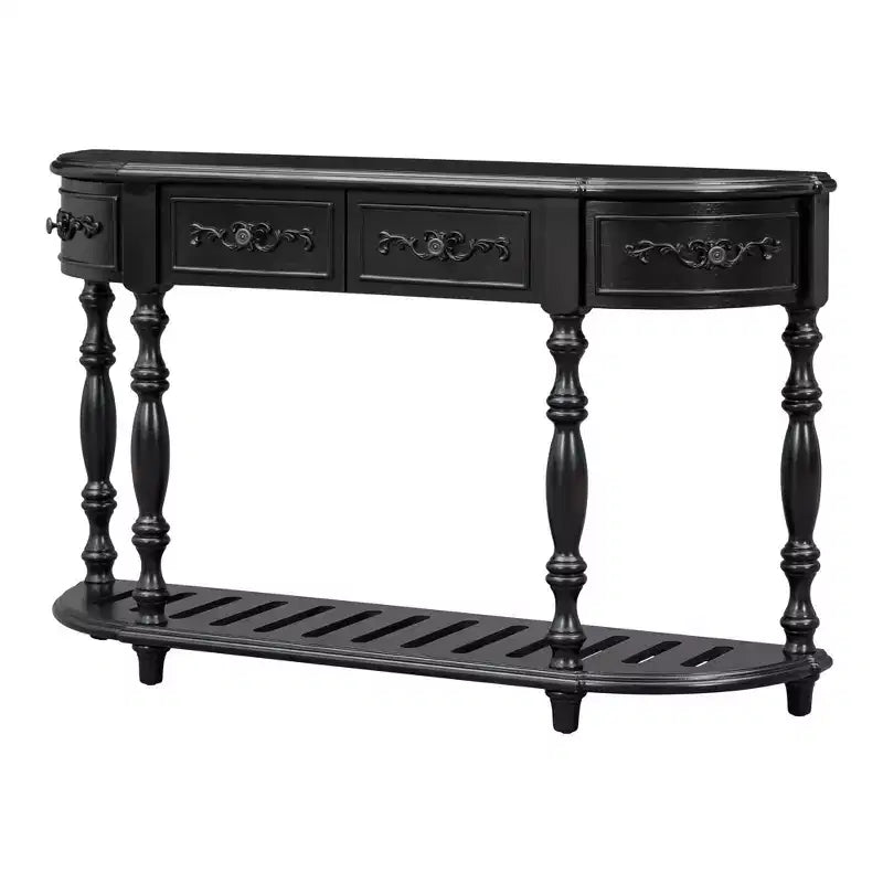 Console incurvée vintage de 52 po avec sculptures exquises, 4 tiroirs et 1 étagère, table d'appoint pour salon, noir