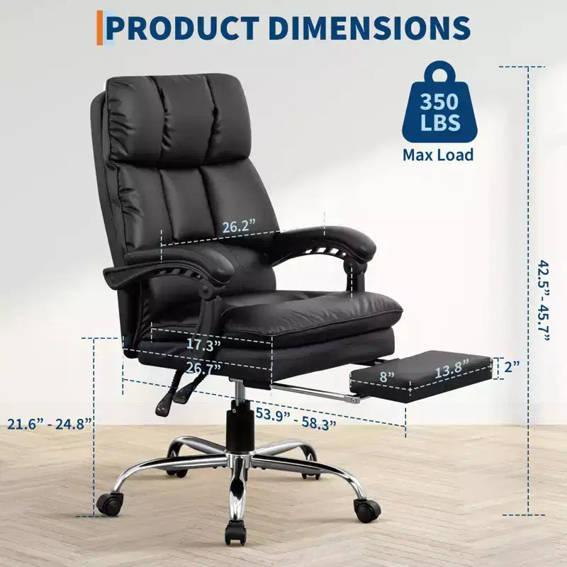 Chaise de bureau de direction à dossier haut, cuir PU noir avec repose-pieds, pivotante à 360° et support ergonomique