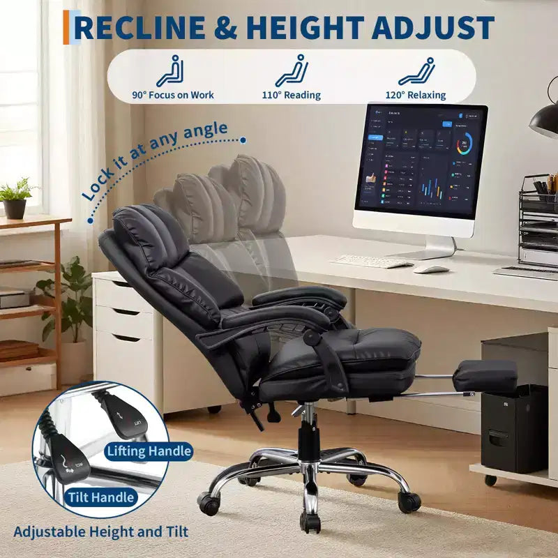 Chaise de bureau de direction à dossier haut, cuir PU noir avec repose-pieds, pivotante à 360° et support ergonomique