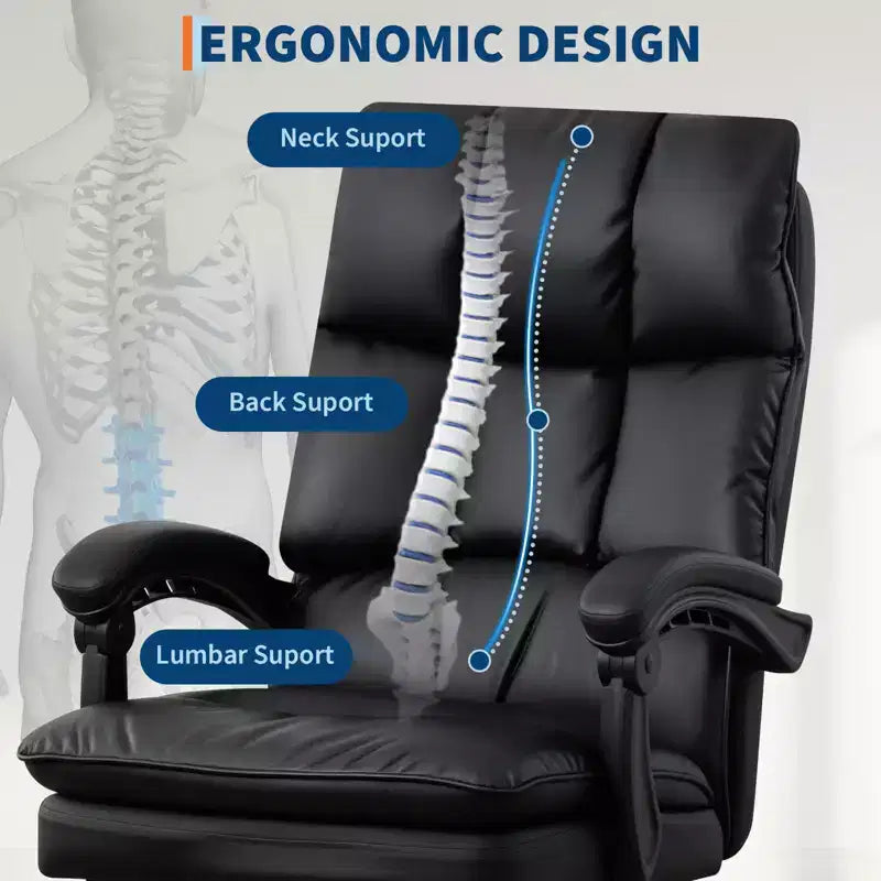 Chaise de bureau de direction à dossier haut, cuir PU noir avec repose-pieds, pivotante à 360° et support ergonomique