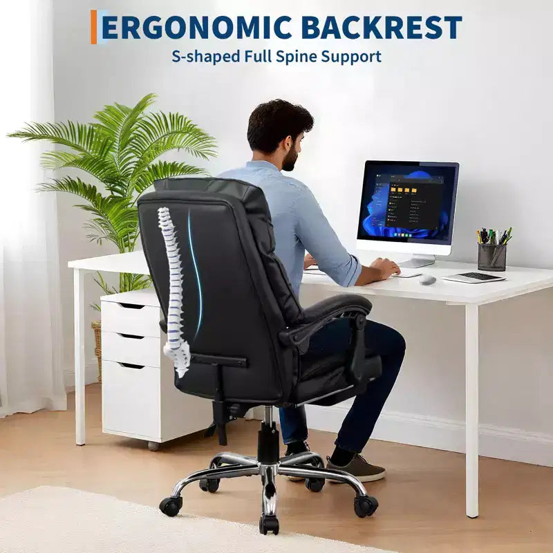 Chaise de bureau de direction à dossier haut, cuir PU noir avec repose-pieds, pivotante à 360° et support ergonomique