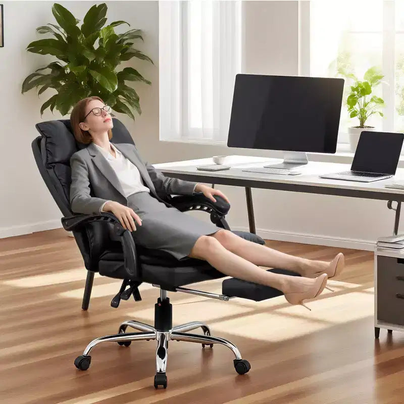 Chaise de bureau de direction à dossier haut, cuir PU noir avec repose-pieds, pivotante à 360° et support ergonomique