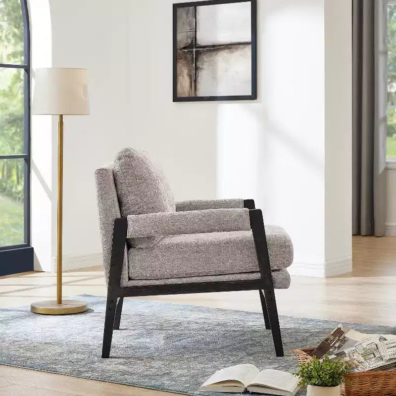 Fauteuil d'appoint rembourré en chenille, de style moderne du milieu du siècle, avec cadre en bois d'acacia