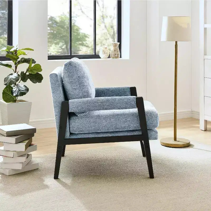 Fauteuil d'appoint rembourré en chenille, de style moderne du milieu du siècle, avec cadre en bois d'acacia