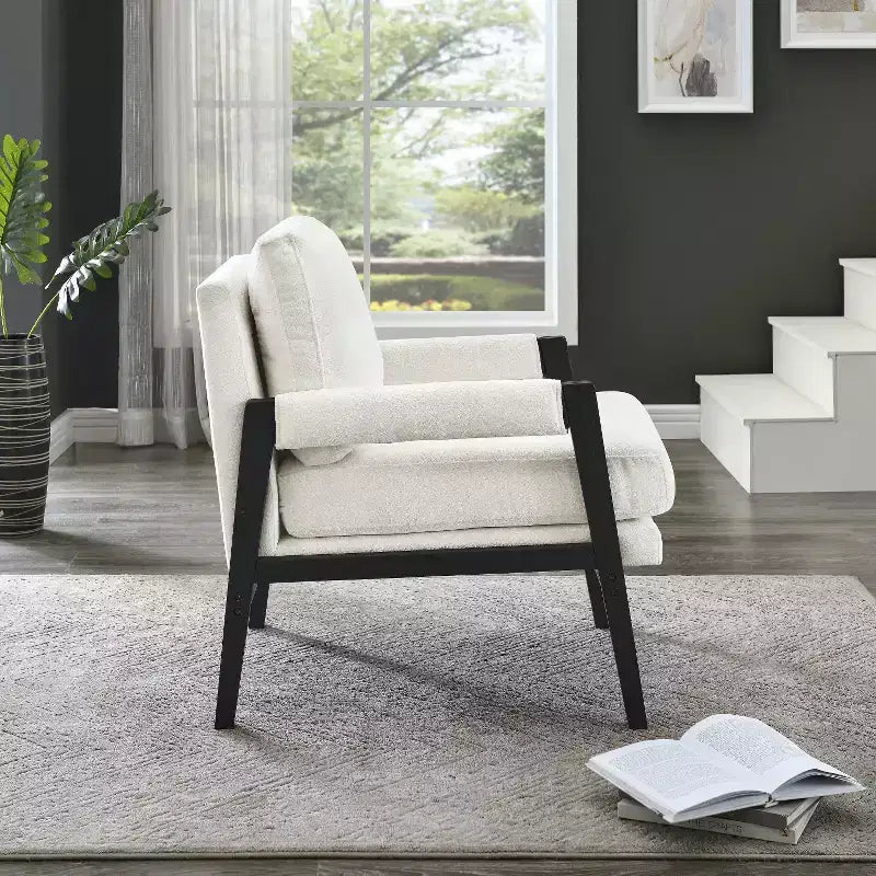 Fauteuil d'appoint rembourré en chenille, de style moderne du milieu du siècle, avec cadre en bois d'acacia