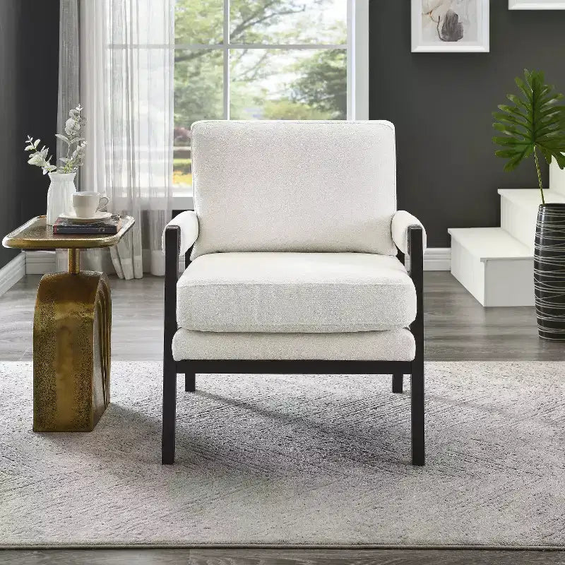 Fauteuil d'appoint rembourré en chenille, de style moderne du milieu du siècle, avec cadre en bois d'acacia