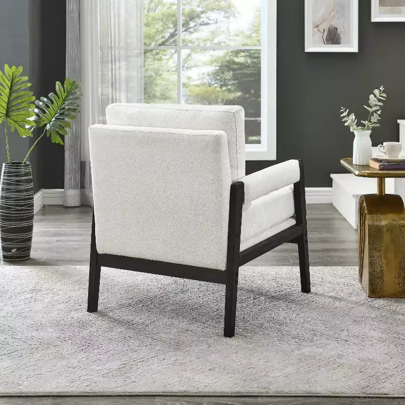 Fauteuil d'appoint rembourré en chenille, de style moderne du milieu du siècle, avec cadre en bois d'acacia