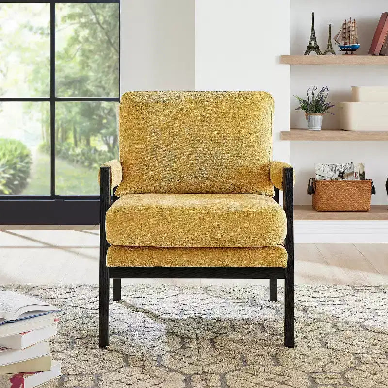 Fauteuil d'appoint rembourré en chenille, de style moderne du milieu du siècle, avec cadre en bois d'acacia