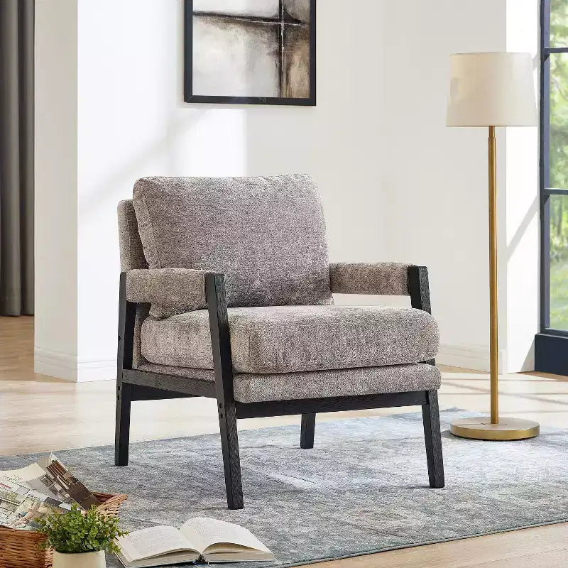 Fauteuil d'appoint rembourré en chenille, de style moderne du milieu du siècle, avec cadre en bois d'acacia