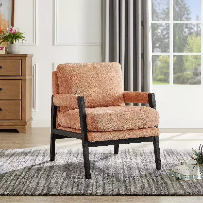 Fauteuil d'appoint rembourré en chenille, de style moderne du milieu du siècle, avec cadre en bois d'acacia