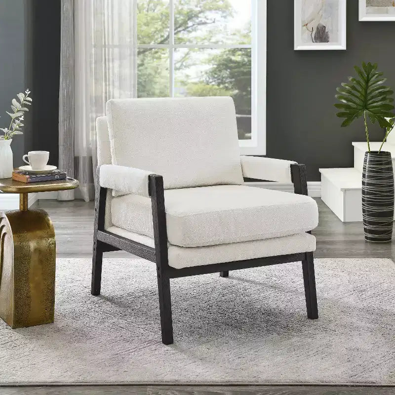 Fauteuil d'appoint rembourré en chenille, de style moderne du milieu du siècle, avec cadre en bois d'acacia
