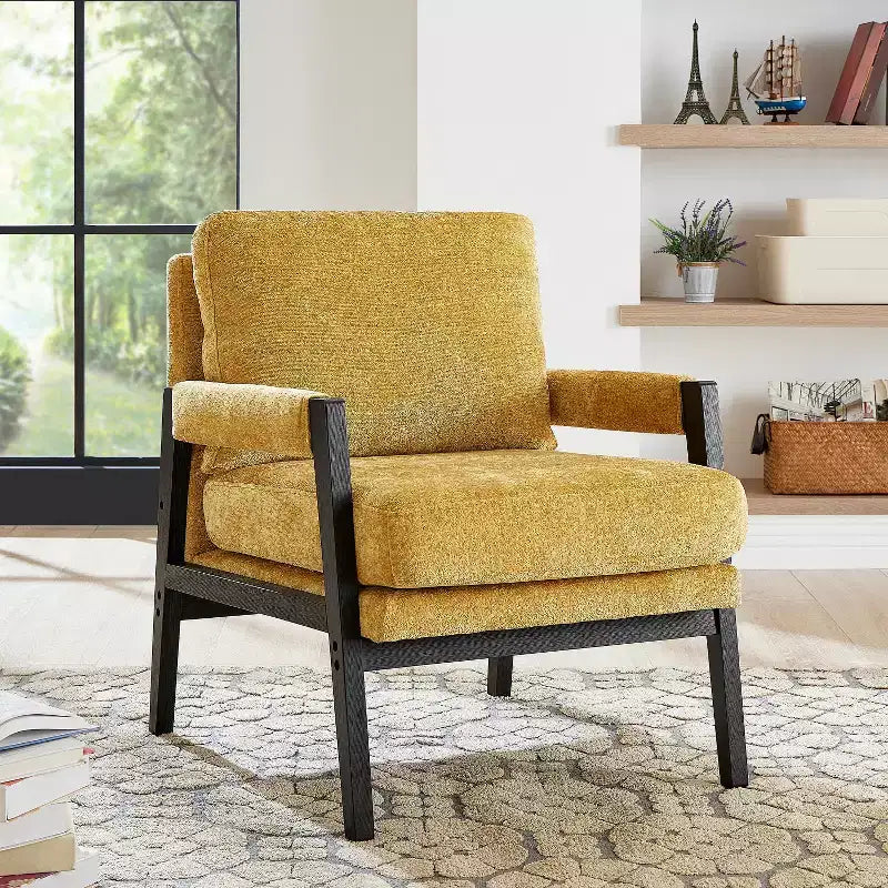 Fauteuil d'appoint rembourré en chenille, de style moderne du milieu du siècle, avec cadre en bois d'acacia
