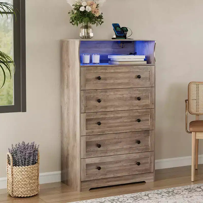 Commode haute à 5 tiroirs avec étagère d'exposition, meuble de rangement moderne en bois pour chambre à coucher, dressing, salon, couloir