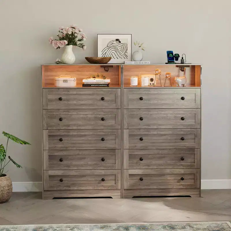 Commode haute à 5 tiroirs avec étagère d'exposition, meuble de rangement moderne en bois pour chambre à coucher, dressing, salon, couloir